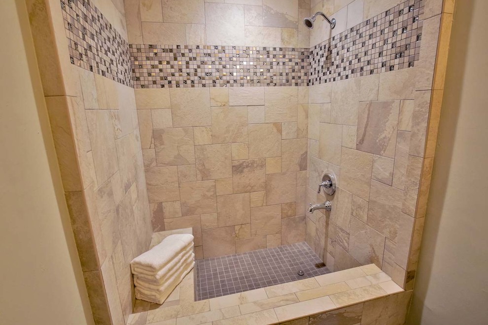 Design ideas for a mid-sized contemporary 3/4 bathroom in Atlanta with raised-panel cabinets, dark wood cabinets, an open shower, a two-piece toilet, black tile, stone tile, grey walls, ceramic floors, an undermount sink and granite benchtops.