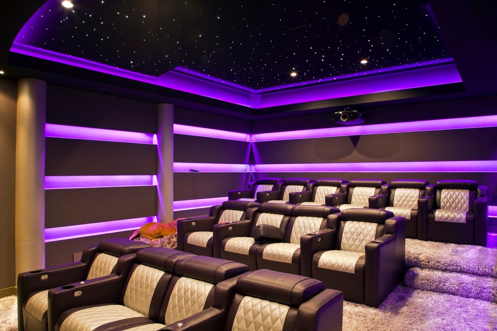 Large transitional enclosed home theatre in New York with carpet and a projector screen.