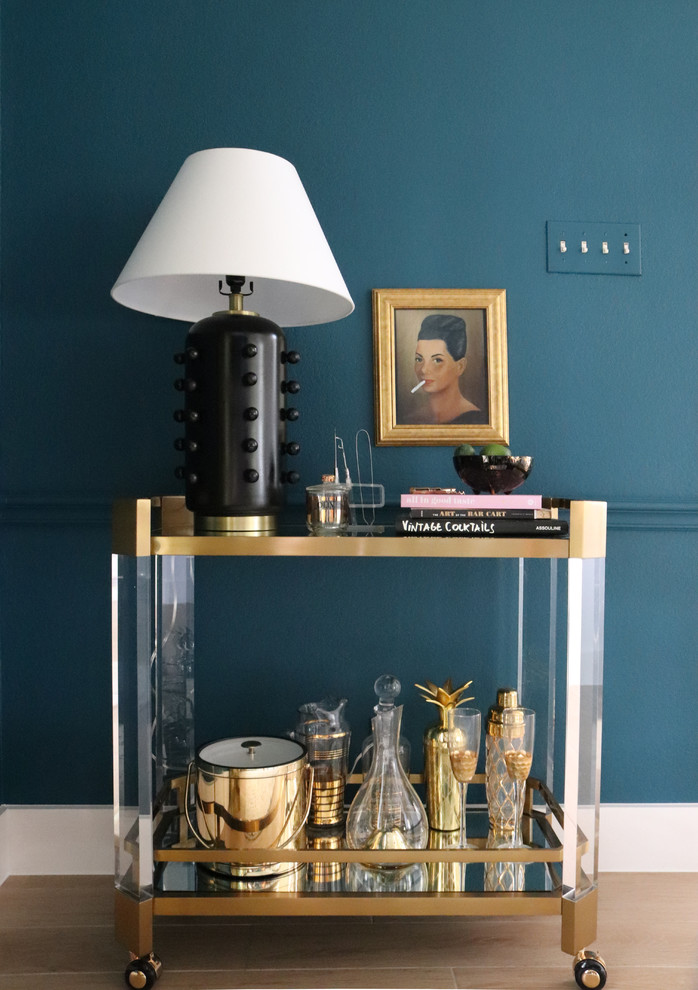 Inspiration for a transitional bar cart in Austin with brown floor and medium hardwood floors.