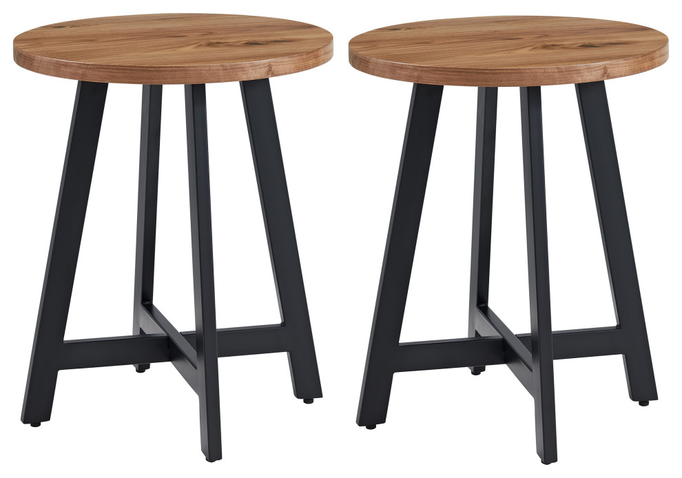 Set of 2 Industrial Round Side Tables MDF Tops and Metal Frames End Table Set