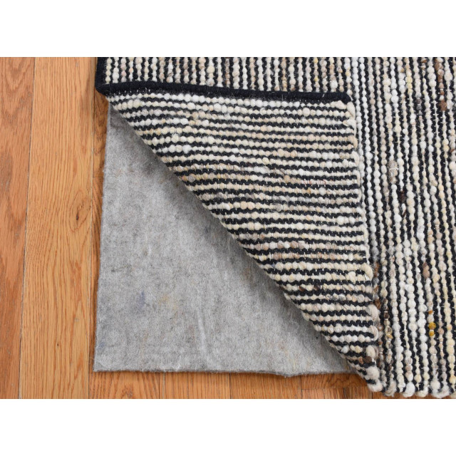 Ivory With Black 100% Wool Hand Loomed Modern Fragment Rug 1'10"x2'1"