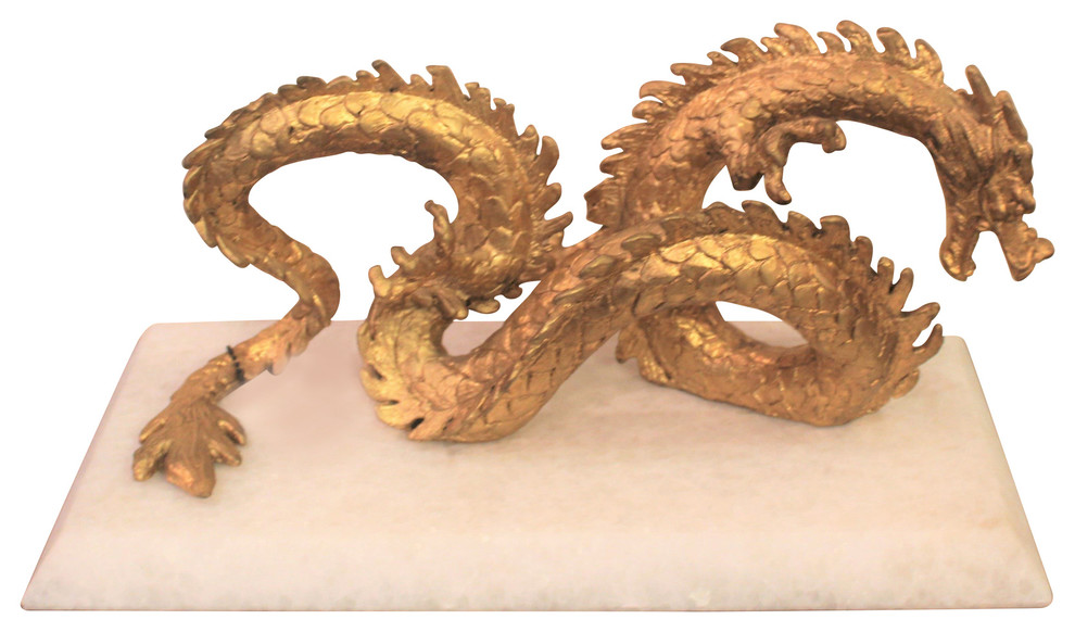 Spectacular Large Gold Dragon Sculpture | White Marble Mythical Creature  Asian
