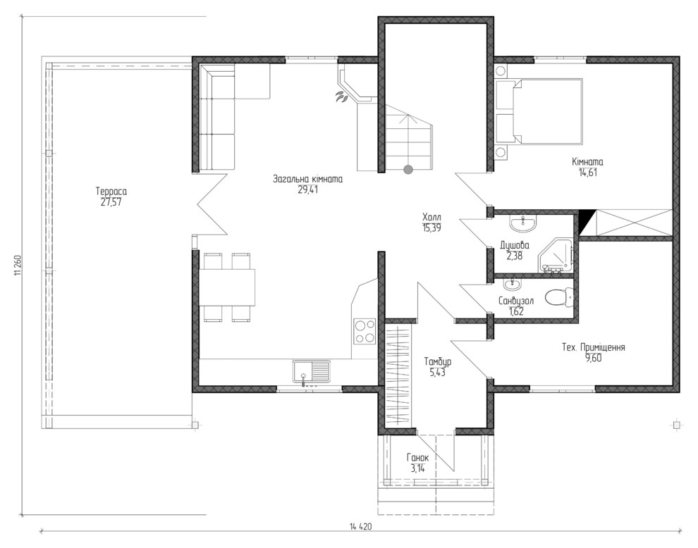 Загородный дом типа «шале», планировка 1 этажа