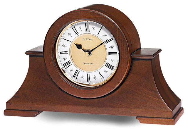 Bulova Cambria Chiming Mantel Clock - Antique Walnut Finish - Two-Tone Dial