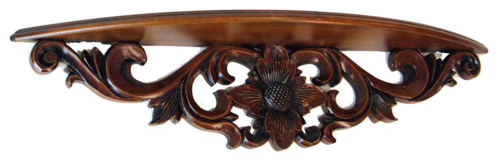 Benzara BM210438 Hand Carved Wooden Floating Wall Shelf in Floral Design, Brown