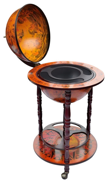 Traditional Bar Globe, Wood Frame With Castor Wheels, Ancient World Map Design