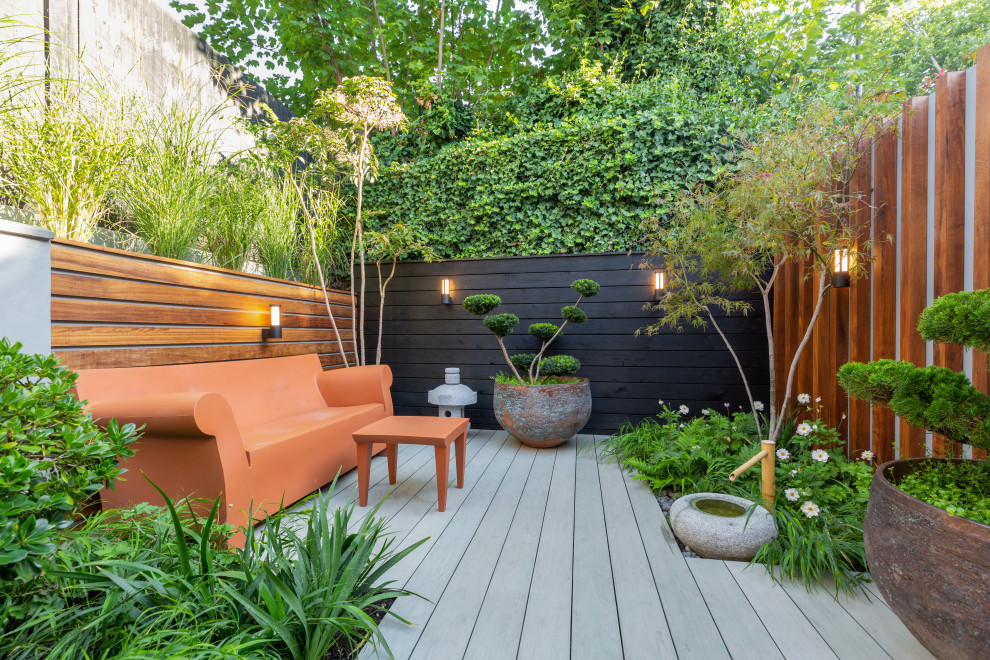 Immagine di un piccolo giardino formale minimal esposto a mezz'ombra in cortile in primavera con pedane