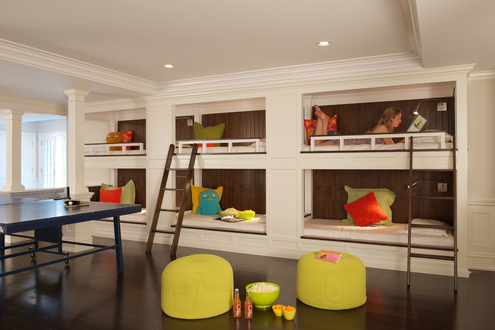 Design ideas for a traditional kids' room in New York with beige walls, dark hardwood floors and brown floor.