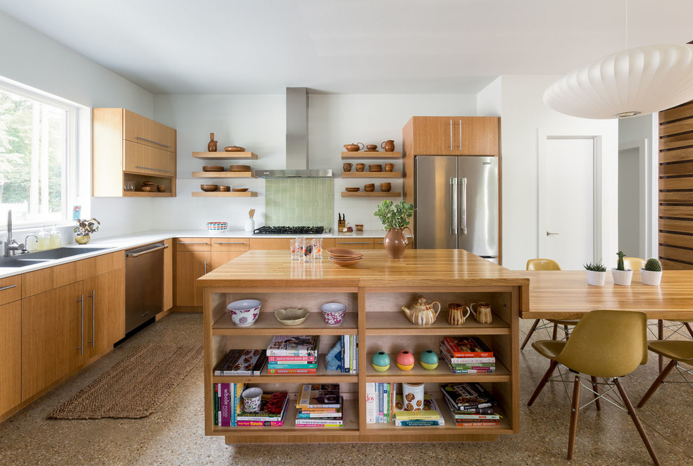 Photo of a midcentury l-shaped eat-in kitchen in Other with a double-bowl sink, flat-panel cabinets, medium wood cabinets, wood benchtops, green splashback, stainless steel appliances, with island and brown floor.