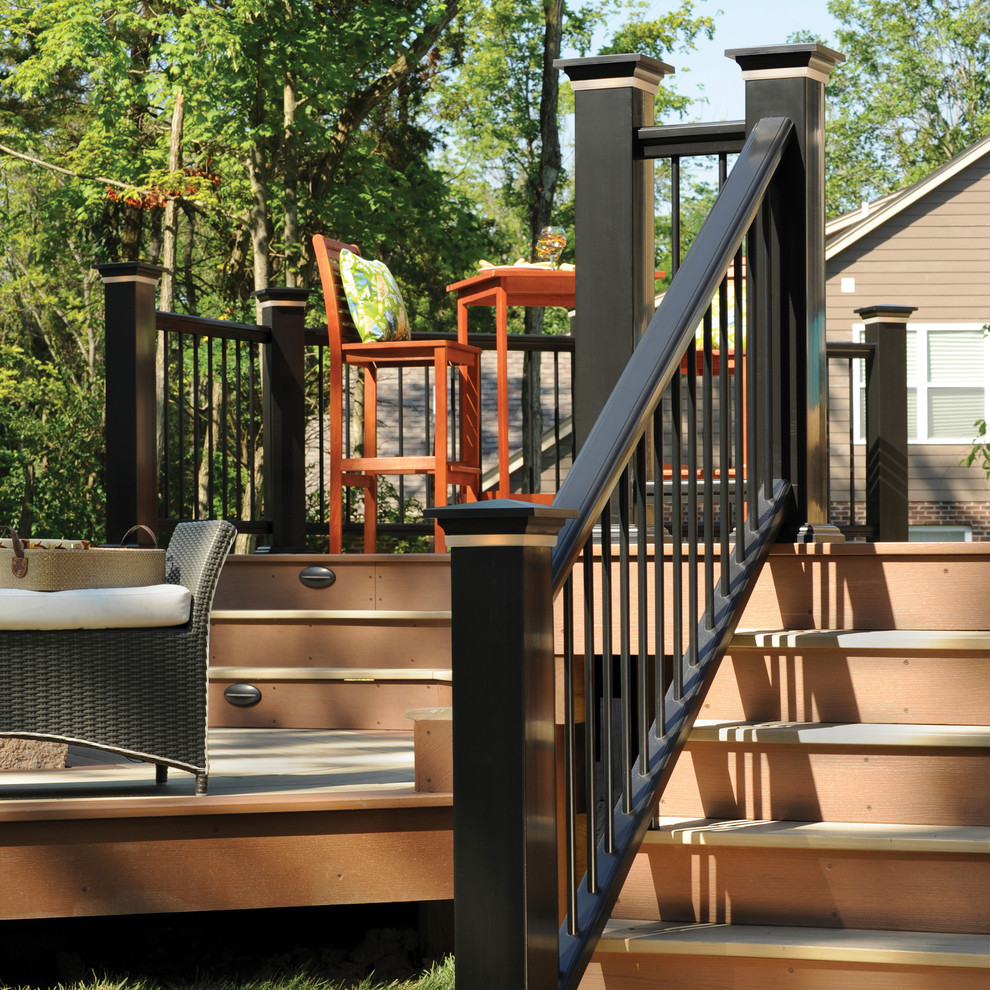 AZEK Rail Premier Rail in Black with round Aluminum balusters and Post Cap Light Transitional