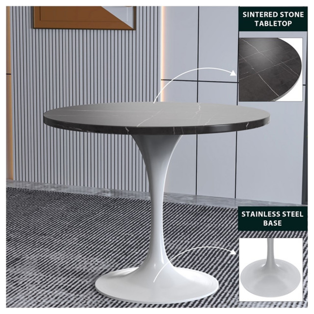LeisureMod Verve Dining Table with a 36" Round Stone Tabletop in Black ...