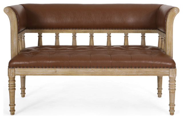 Niemi Traditional Upholstered Tufted Loveseat, Cognac + Natural, Faux Leather