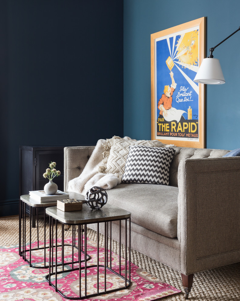 Design ideas for a transitional living room in San Francisco with blue walls.