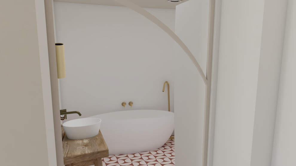 Idee per una stanza da bagno con doccia minimalista di medie dimensioni con vasca da incasso, doccia a filo pavimento, piastrelle bianche, piastrelle a mosaico, pareti bianche, pavimento in cementine, lavabo da incasso, top in superficie solida, pavimento rosa, doccia aperta e un lavabo