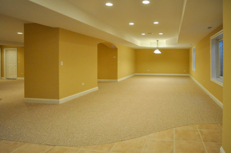 Design ideas for an expansive traditional walk-out basement in Chicago with beige walls and carpet.