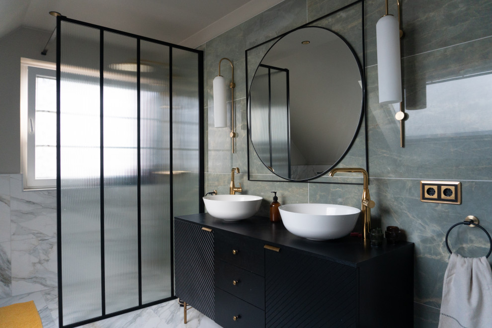 Example of a mid-sized trendy 3/4 green tile porcelain tile, white floor and double-sink open shower design in Hanover with beige walls, a vessel sink, wood countertops, black countertops and a freestanding vanity