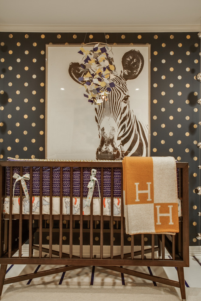 Design ideas for a transitional gender-neutral nursery in Austin with multi-coloured walls.