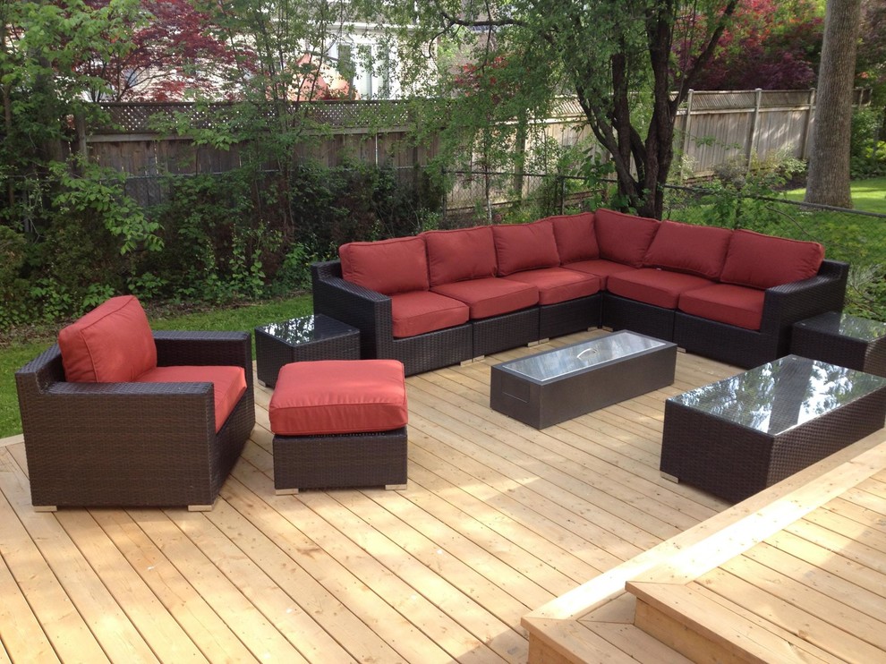 Deck - huge transitional backyard deck idea with a pergola