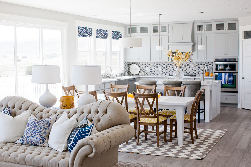 Beach style open plan dining in Salt Lake City with grey walls and dark hardwood floors.