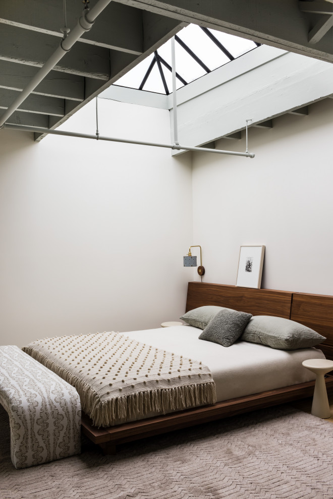 ボストンにあるインダストリアルスタイルのおしゃれなロフト寝室 (ベージュの壁、表し梁、グレーの天井) のレイアウト