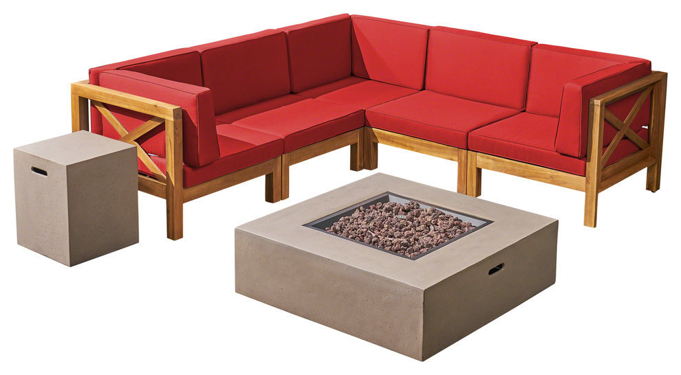 GDF Studio 7-Piece Cytheria Outdoor Sectional Acacia Wood Sofa Set With Fire Pit, Red