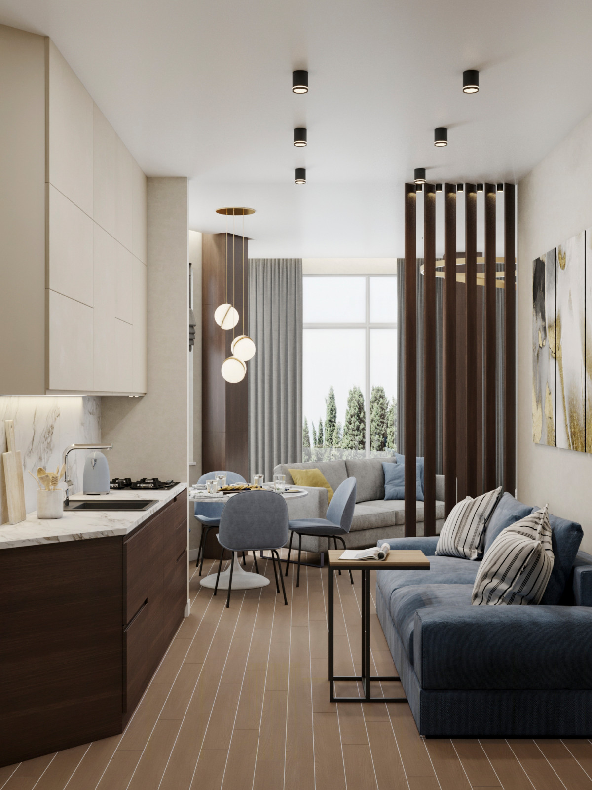 Визуализация кухни с видом на гостиную