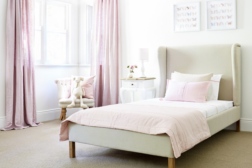 Traditional kids' bedroom in Sydney with white walls and carpet for girls.