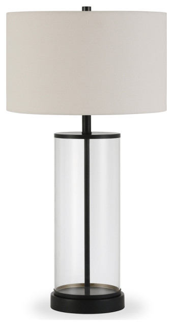 28" Black Glass Table Lamp With White Drum Shade - Transitional - Table ...