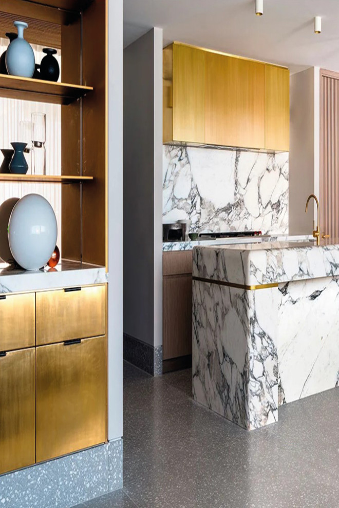Inspiration for a mid-sized modern u-shaped kitchen pantry in Los Angeles with a drop-in sink, flat-panel cabinets, brown cabinets, white splashback, marble splashback, coloured appliances, marble floors, with island, white floor, white benchtop and marble benchtops.