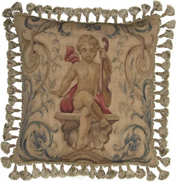 Throw Pillow Aubusson Violin 22x22 Beige Blue Bronze Olive Green Gold