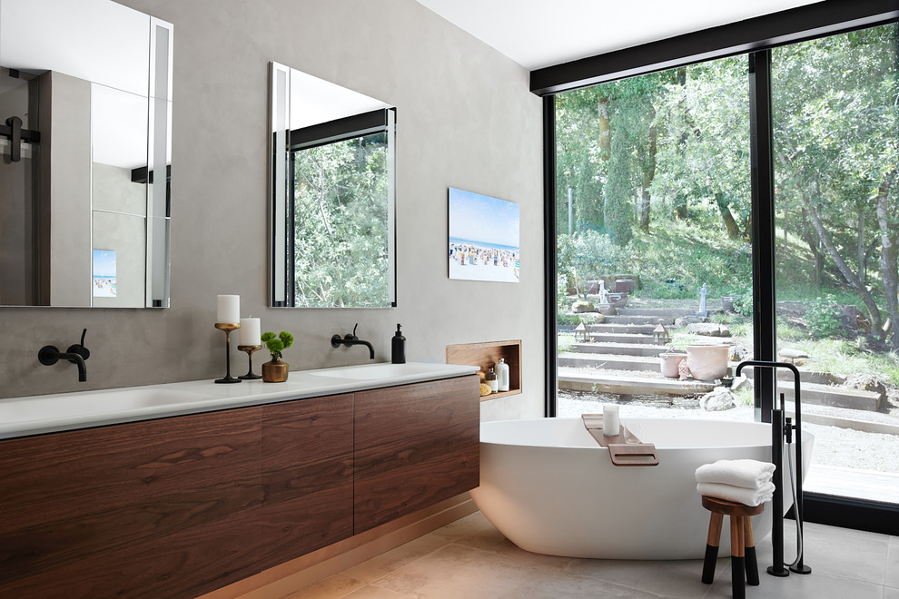 Design ideas for a midcentury bathroom in San Francisco with flat-panel cabinets, dark wood cabinets, grey walls, an integrated sink, grey floor, white benchtops and a niche.