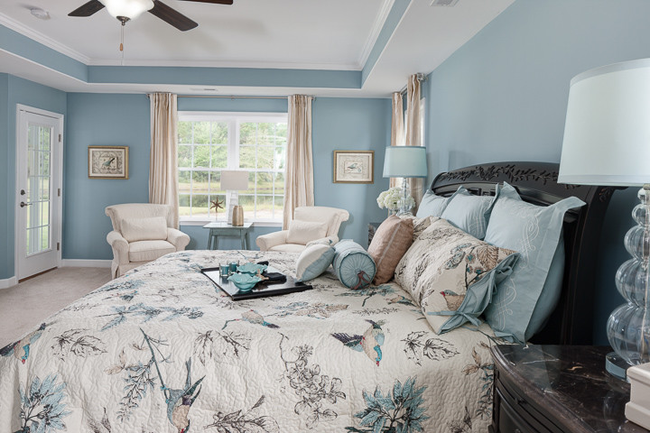 Traditional master bedroom in Other with blue walls, carpet and no fireplace.