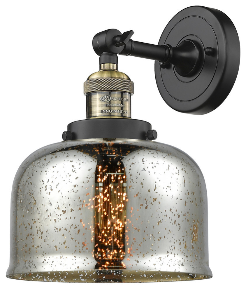 Large Bell 1-Light LED Sconce, Black Antique Brass, Glass: Silver Mercury
