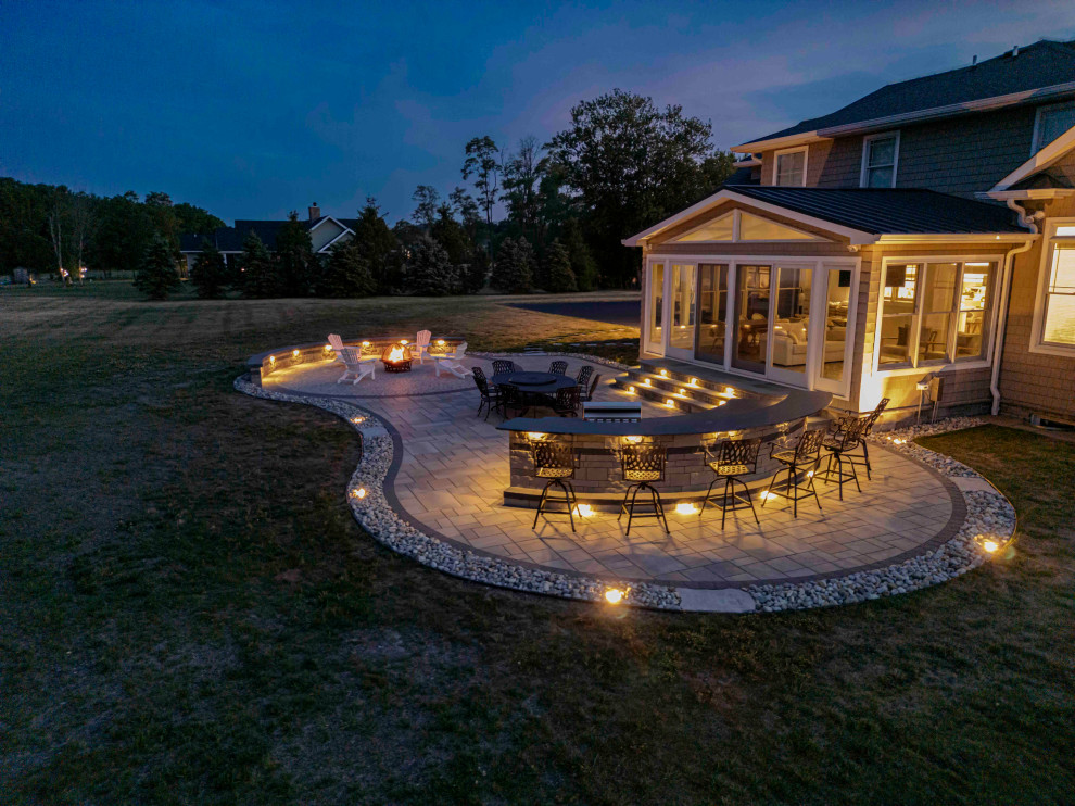 Cream Ridge, NJ: Outdoor Kitchen and Paver Patio with Firepit Area