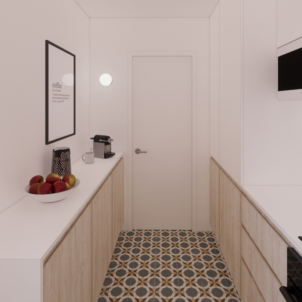 Inspiration for a small contemporary u-shaped enclosed kitchen in Barcelona with a submerged sink, flat-panel cabinets, light wood cabinets, engineered stone countertops, white splashback, ceramic splashback, integrated appliances, ceramic flooring, multi-coloured floors and white worktops.