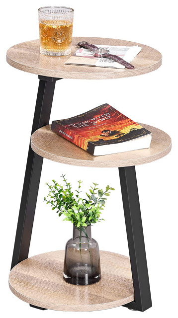 Round End Table with Metal Frame and 3-Tier Shelves for Living Room