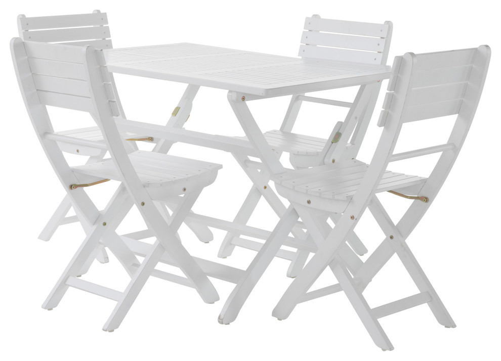 Gdf Studio 5 Piece Vicaro Outdoor White Finish Acacia Wood Foldable Dining Set