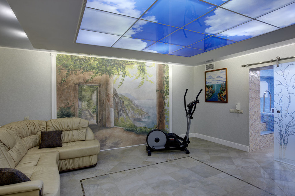Foto di una sala pesi design di medie dimensioni con pareti multicolore, pavimento in gres porcellanato e pavimento beige