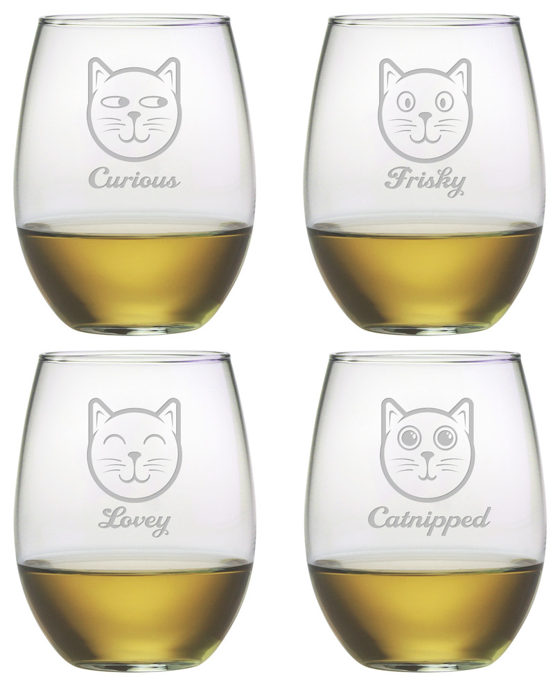 Feline Faces 4-Piece Stemless Wine Glass Set