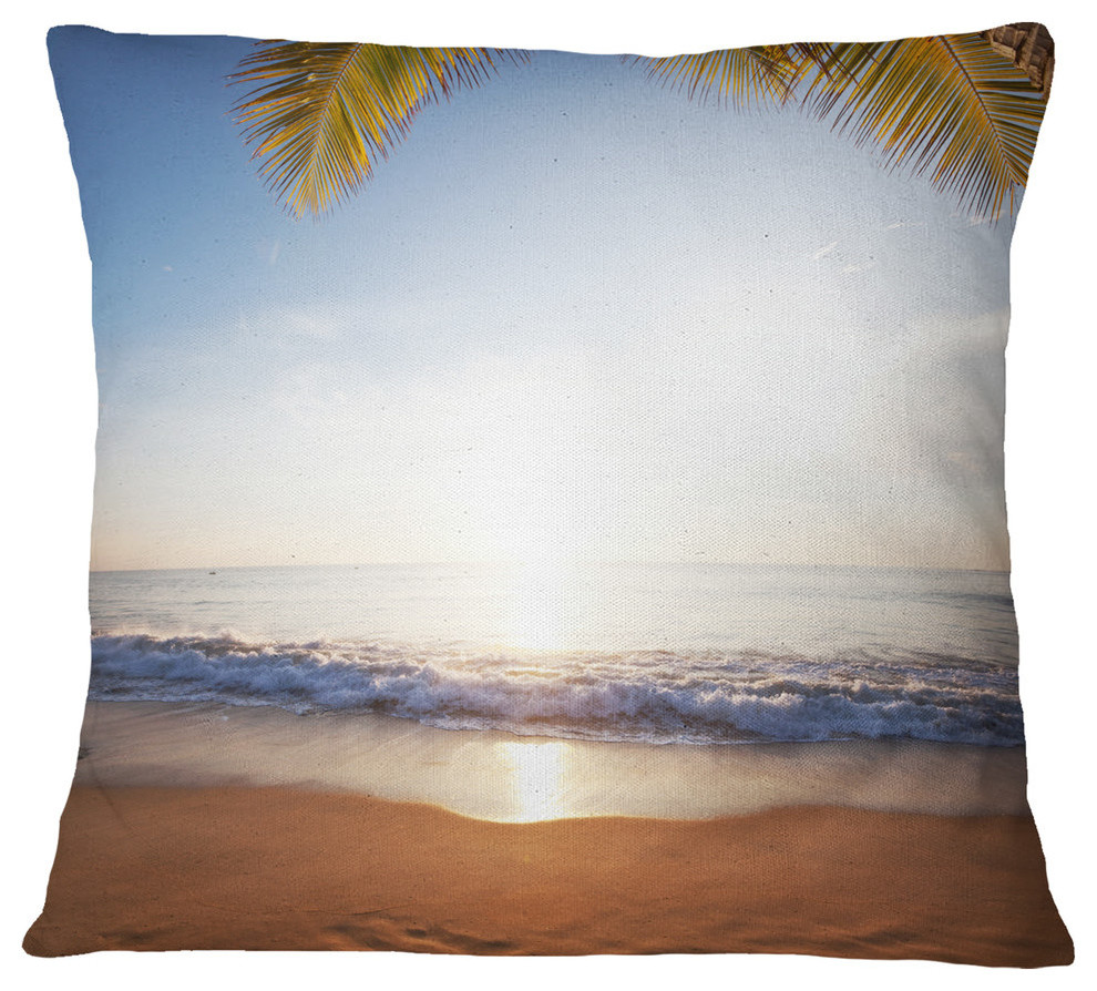 Deserted Beach With Palm Leaves Seashore Throw Pillow, 16"x16"