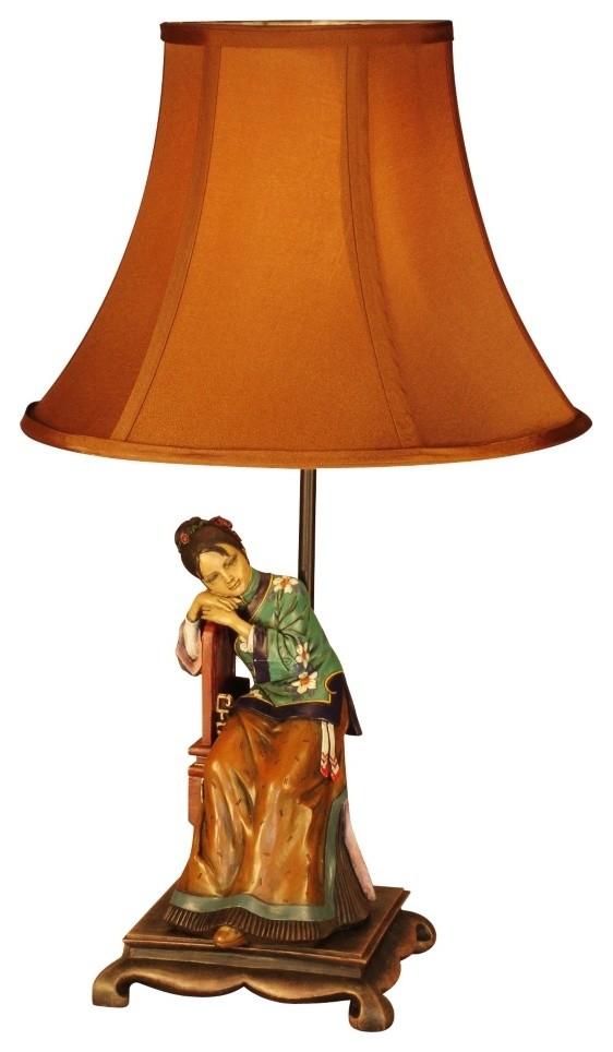 Asian Figurine Seated Woman Hand Painted Table Lamp