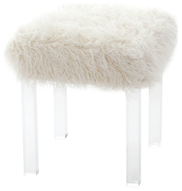 White Faux Fur Vanity Stool : Vanity stool with gold legs and white