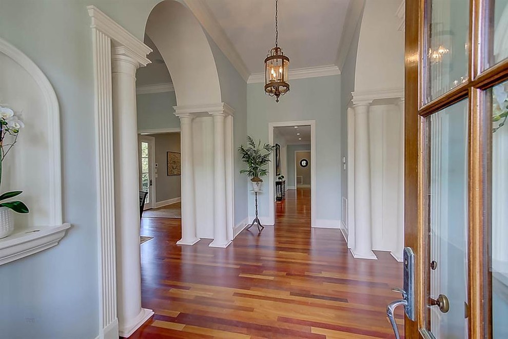 Mid-sized traditional front door in Charleston with blue walls, dark hardwood floors, a single front door, a dark wood front door and brown floor.