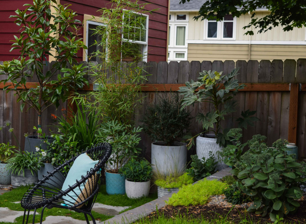 Inspiration for a small contemporary backyard partial sun xeriscape in Portland with concrete pavers.
