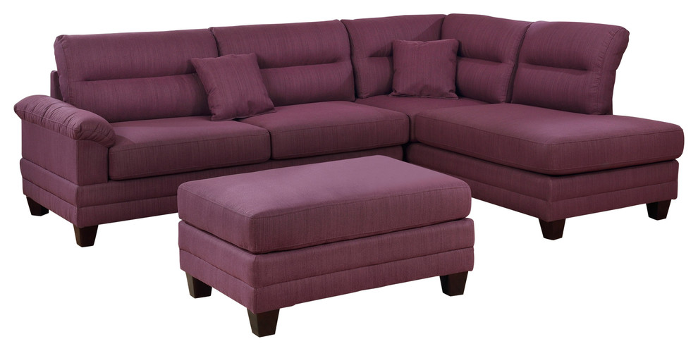Triesen 3-Piece Sectional Sofa, Poly-Fiber With Matching Pillows, Warm Purple