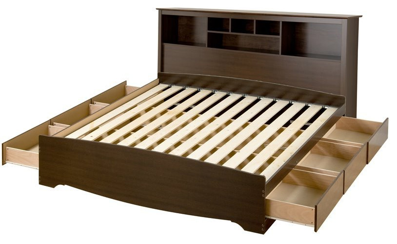 Prepac Manhattan Wooden Queen Bookcase Platform Storage Bed in Espresso