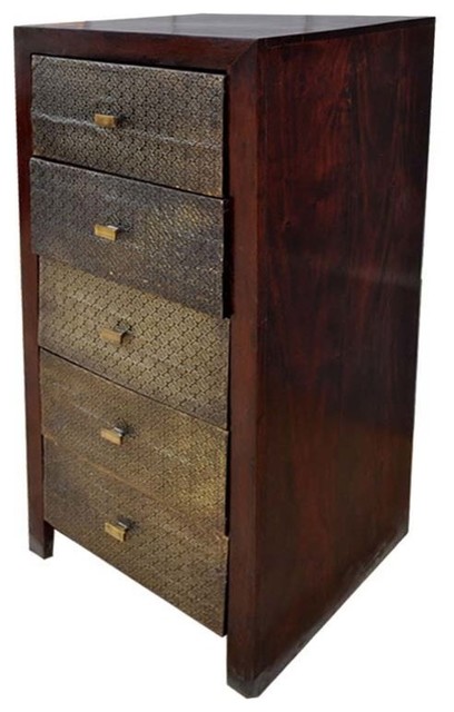 Pomona Handmade Solid Wood Brass Inlay 5 Drawer Tall Dresser
