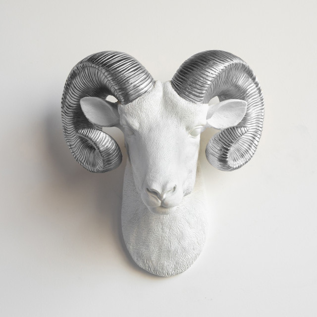 Faux White Ram Head with Silver Horns Wall Decor, White and Silver