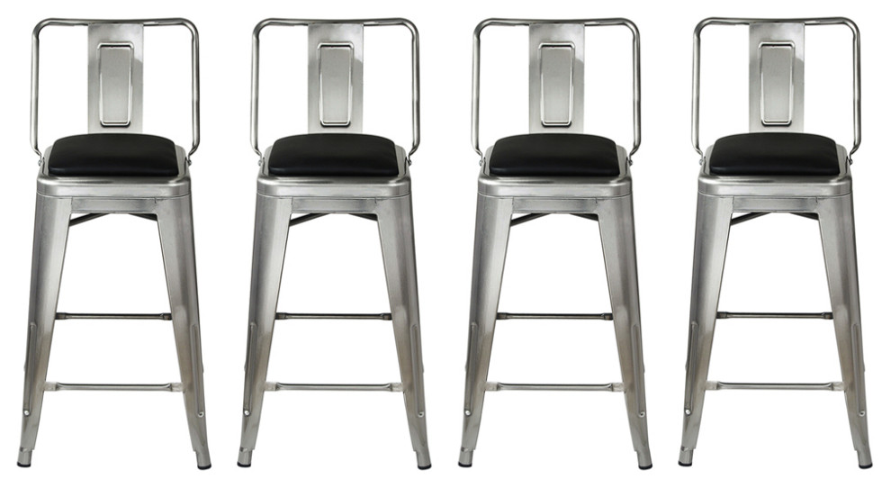 Metal Gunmetal Bar Stools With Middle Back Vegan Leather Seat, Set of 4