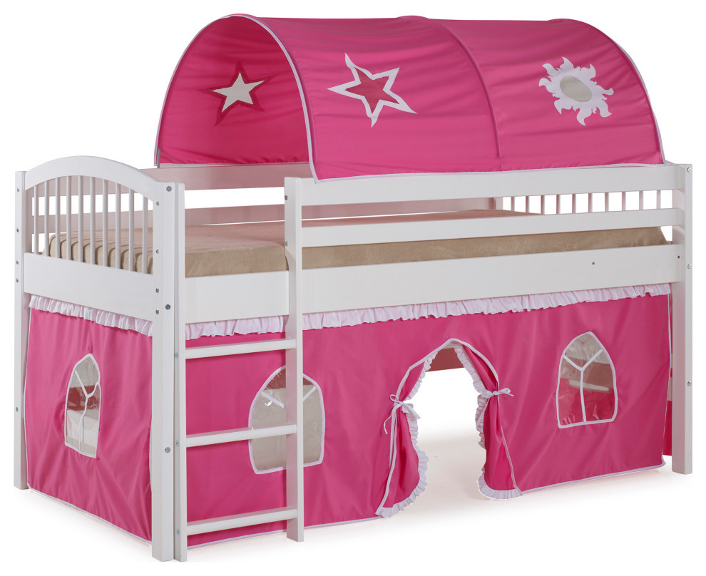 Addison White Wood Junior Loft Bed, Pink and White Tent and Playhouse